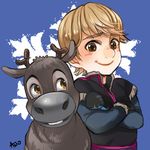  ano_(sbee) blonde_hair blush brown_hair child crossed_arms frozen_(disney) fur_trim gloves kristoff_(frozen) lowres reindeer smile sven_(frozen) vest younger 