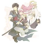  1girl black_hair boots braid bridal_gauntlets brown_eyes fire_emblem fire_emblem:_kakusei fur_trim hairband high_collar holding_hands long_hair olivia_(fire_emblem) open_mouth osanai_satoru pink_hair ponytail ronku sandals sword twin_braids very_long_hair weapon 