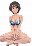  aoshima_yuuko bikini_top bottomless breasts brown_eyes brown_hair cholesenel cleavage covering covering_crotch crossed_legs dark_skin highres large_breasts lipstick looking_at_viewer makeup monkey_turn navel short_hair sitting smile solo spread_legs white_background 
