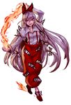  arm_garter arm_up bad_id bad_pixiv_id baggy_pants eredhen fire fujiwara_no_mokou full_body hair_between_eyes hair_ribbon long_hair long_sleeves open_mouth pants red_eyes red_footwear red_pants ribbon ribbon_trim shoes silver_hair smile smirk solo suspenders touhou tress_ribbon very_long_hair walking white_background 