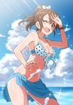  ;d bikini blue_eyes bracelet breasts brown_hair cleavage cloud day frilled_bikini frills front-tie_bikini front-tie_top idolmaster idolmaster_million_live! jewelry light_rays medium_breasts navel official_style one_eye_closed open_mouth polka_dot polka_dot_bikini polka_dot_swimsuit ponytail red10 sarong satake_minako shiny shiny_skin short_ponytail sky smile solo sunbeam sunlight swimsuit water 