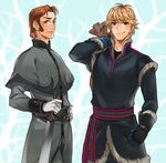  ano_(sbee) blonde_hair blue_eyes brown_eyes capelet frozen_(disney) fur fur_trim gloves hans_(frozen) kristoff_(frozen) multiple_boys red_hair sack short_hair smile sword tree vest weapon 