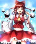  ascot bad_id bad_pixiv_id bare_shoulders bow breasts brown_eyes brown_hair detached_sleeves hair_bow hair_tubes hakurei_reimu hizagawa_rau large_breasts navel open_mouth sash solo touhou yin_yang 