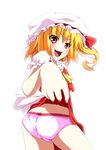  ascot ass blonde_hair blush bow flandre_scarlet hat hat_bow highres no-33 open_mouth panties pink_panties red_eyes side_ponytail skirt skirt_lift solo touhou underwear 