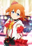  bad_id bad_twitter_id blue_eyes blush bokura_wa_ima_no_naka_de fingerless_gloves frills gloves hand_on_own_chest kousaka_honoka looking_at_viewer love_live! love_live!_school_idol_project navel ogipote one_side_up orange_hair outstretched_hand red_gloves short_hair skirt smile solo 