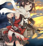  bangs brown_eyes brown_hair burnt_clothes cannon double-breasted dress elbow_gloves gloves kantai_collection ninja obi radar remodel_(kantai_collection) rinarisa sash scarf searchlight sendai_(kantai_collection) short_hair skirt smile solo sunset torpedo turret two_side_up 