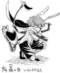  absurdres antennae bad_id bad_pixiv_id cape clenched_teeth dated fighting_stance greyscale highres iroiro_yaru_hito knife monochrome multiple_arms short_hair shorts simple_background sketch solo squatting sword teeth touhou weapon white_background wriggle_nightbug 