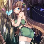  ass bangs bare_shoulders blue_eyes blush bracelet breasts brown_hair commentary_request cowboy_shot crystal eyebrows_visible_through_hair flower hair_flower hair_ornament jewelry kazumasa kidatsu!_dungeons_lord large_breasts long_hair looking_at_viewer looking_back midriff official_art pointy_ears skirt sleeveless solo thighhighs very_long_hair white_legwear 