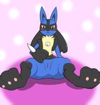  barefoot blush canine female fur jackal looking_down lucario mammal nintendo nude pawpads paws pok&#233;mon pok&eacute;mon pussy sitting solo spikes unknown_artist video_games 