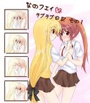  2girls 4koma artist_request blonde_hair blue_eyes blush brown_hair collarbone comic couple embarrassed fate_testarossa hair_ornament inu0831 kiss long_hair lyrical_nanoha mahou_shoujo_lyrical_nanoha mahou_shoujo_lyrical_nanoha_a&#039;s mahou_shoujo_lyrical_nanoha_a's multiple_girls ponytail red_eyes ribbon school_uniform skirt smile takamachi_nanoha uniform very_long_hair yuri 