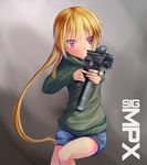  blonde_hair denim denim_shorts dreadtie gun highres hood hood_down hoodie jessica_jefferson long_hair original ponytail red_eyes shorts sig_sauer sig_sauer_mpx solo very_long_hair weapon 