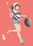  absurdres bandana blue_eyes brown_hair full_body highres idolmaster idolmaster_million_live! ladle off-shoulder_shirt open_mouth red10 red_background satake_minako shirt shoe_loss shoes shoes_removed short_hair short_ponytail short_shorts shorts single_shoe slippers solo standing standing_on_one_leg wok 