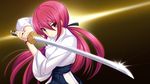  1girl atou_tsubaki chiri_(atlanta) chuablesoft game_cg highres katana long_hair red_hair solo sword wagaya_no_himegami-sama! weapon yellow_eyes 