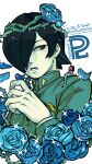  1boy androgynous aqua_shirt artist_name bishounen blue_flower blue_gakuran blue_rose close-up copyright_name cortaunatijera crown_of_thorns eyelashes falling_petals flower gakuran hair_flower hair_ornament hair_over_one_eye hand_up highres kasugayama_high_school_uniform kurosu_jun male_focus pale_skin parted_lips persona persona_2 persona_2_tsumi petals rose rose_petals school_uniform shirt solo sparkle thorns tumblr_username twitter_username white_background 