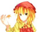 aki_minoriko apron bad_id bad_pixiv_id blonde_hair blouse food fruit grapes hand_up hat leaf light_smile long_sleeves looking_at_viewer maple_leaf nununu!! short_hair simple_background solo touhou upper_body white_background yellow_eyes 