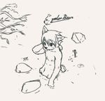  hair kemono male monochrome navel nipples nude outside plain_background sketch solo stevenlew water white_background 