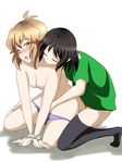  bdsm black_hair blush bondage bound bound_wrists hair_ornament hiiragi_natsume kohinata_miku light_brown_eyes light_brown_hair multiple_girls orange_panties panties purple_panties reach-around senki_zesshou_symphogear shirt tachibana_hibiki_(symphogear) thighhighs topless underwear yuri 