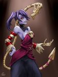  1girl asmo_deus blue_hair blue_skin breasts detached_collar detached_sleeves hair_over_one_eye leviathan_(skullgirls) red_eyes side_ponytail sienna_contiello skull skullgirls squigly_(skullgirls) stitched_mouth striped_sleeves wide_hips zombie 