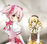  arm_warmers bad_id bad_pixiv_id beret blonde_hair corset drill_hair hat highres kaname_madoka magical_girl mahou_shoujo_madoka_magica multiple_girls pink_eyes shiina_kuro short_twintails tomoe_mami twin_drills twintails yellow_eyes 