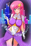  1girl breasts capelet commentary_request feet_out_of_frame graphic_equalizer gundam gundam_seed gundam_seed_destiny hair_ornament highleg highleg_leotard highres impossible_clothes large_breasts leotard long_hair meer_campbell multicolored_leotard partial_commentary pink_hair purple_eyes purple_leotard solo staff_(music) star_(symbol) star_hair_ornament susuki_(susuki_hg) tongue tongue_out white_capelet 