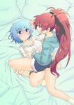  blue_eyes blue_hair blush breast_grab breasts grabbing groping hair_ornament hair_ribbon hood hoodie kogaku_kazuya licking_lips long_hair mahou_shoujo_madoka_magica miki_sayaka multiple_girls red_eyes red_hair ribbon sakura_kyouko short_hair straddling tongue tongue_out very_long_hair yuri 