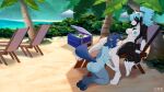 anthro beach bikini blush breasts clothing cunnilingus duo ear_piercing ear_ring female female/female generation_5_pokemon hainequem hi_res leash_grab leashed_female looking_at_another looking_at_partner minatsu_(boredomtool) nintendo on_lap oral oshawott piercing pokemon pokemon_(species) ring_piercing sand sex swimwear two-piece_swimsuit vaginal