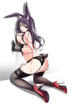  :o against_wall animal_ears ass black_bra black_gloves black_legwear blush bra breast_press breasts bunny_ears bunny_tail fatkewell full_body garter_belt gloves high_heels kneeling lace lace-trimmed_thighhighs large_breasts looking_back no_panties open_mouth original pink_eyes purple_hair simple_background solo tail thighhighs underwear white_background 