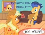  apple applejack_(mlp) blue_eyes blush cutie_mark dialog equestria_girls equine feral flash_sentry_(eg) friendship_is_magic fruit green_eyes hat horse mammal my_little_pony pillow pony portrait sofa text unknown_artists 