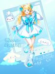  1girl absurdres blonde_hair blue_background blue_bow blue_bowtie blue_footwear blue_nails bow bowtie cinnamoroll commission cone_hair_bun dated double_bun dress frilled_dress frills full_body gradient_background hair_bow hair_bun hand_up happy_birthday highres kneehighs leg_up long_hair long_sleeves loose_socks original procreate_(medium) puffy_long_sleeves puffy_sleeves sanrio short_dress socks solo standing standing_on_one_leg white_dress white_socks youzha_ligui 