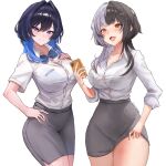  2girls alternate_costume black_bra black_hair blue_bra blue_eyes blue_hair blue_skirt blush bra bra_visible_through_clothes breasts bursting_breasts button_gap cellphone closed_mouth clothes_lift collared_shirt colored_inner_hair cowboy_shot curvy fang grey_hair hair_intakes hand_on_own_chest hand_on_own_hip highres holding holding_phone hololive hololive_english jingle_bell_earrings large_breasts lifting_own_clothes long_hair looking_at_viewer multicolored_hair multiple_girls name_tag narrow_waist office_lady open_mouth ouro_kronii pencil_skirt phone school_uniform shiori_novella shirt short_sleeves side_slit skirt skirt_lift smartphone smile split-color_hair tententempe thick_thighs thighs twitter_username undersized_clothes underwear virtual_youtuber white_shirt wide_hips wolf_cut yellow_eyes 