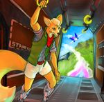  aircraft anthro bionic canine clothing cyborg flying fox fox_mccloud fur hair jet looking_at_viewer male mammal mechanical nintendo outside shanegdraco ship shirt sky smile solo star_fox video_games water wings 