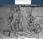  2014 animal_genitalia anthro anthrofied armor big_penis black_and_white bound breasts bush collar earth_pony equine fall_of_equestria female group hair horse horsecock male mammal matsumoto-masato monochrome my_little_pony nipples nude outside penis pony pussy shackles sitting sketch slave tree tumblr 