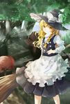  apron blonde_hair bow braid broom directional_arrow dress forest futago hair_bow hat hat_bow highres kirisame_marisa long_hair long_sleeves looking_at_viewer nature signpost single_braid smile solo touhou turtleneck vest waist_apron wavy_hair white_bow witch_hat yellow_eyes 