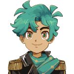  1boy brown_eyes clip_studio_paint_(medium) closed_mouth fairytale_police_hoe_department green_hair idoraad looking_at_viewer lowres male_focus pixel_art satou_kotarou_(fairytale_police_hoe_department) short_hair simple_background smile solo transparent_background 