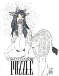  amber_eyes anthro areola bent_over big_breasts breasts ear_piercing female giraffe giraffid hair hi_res long_hair mammal nipples nude piercing puzzle_(kadath) restricted_palette solo zwitterkitsune 