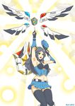  armpits black_hair fingerless_gloves gloves green_eyes hair_ornament highres irelia league_of_legends long_hair looking_at_viewer midriff navel open_mouth police police_uniform solo star thighhighs trombe uniform 