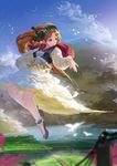  ankle_cuffs bird brown_hair capelet cloud cloudy_sky crescent_moon field flying green_eyes green_hairband hairband karasu-san_(syh3iua83) landscape long_hair moon original personification plantar_flexion power_lines rain road scenery skirt sky solo telephone_pole wind wrist_flexed 