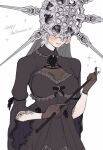  1girl blush breasts commentary covered_eyes dark_souls_(series) dark_souls_i dark_sun_gwyndolin dress genderswap genderswap_(mtf) gold_headwear grey_dress halloween helmet helmet_over_eyes highres pale_skin solo spiked_helmet sun_symbol symbol-only_commentary white_hair zunkome 