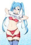  alternate_hairstyle aoki_hagane_no_arpeggio ashita_yaru blue_eyes blue_hair blue_legwear bra breasts cleavage gym_uniform hair_between_eyes long_hair medium_breasts navel panties red_bra red_panties shirt_lift short_shorts shorts simple_background smile solo takao_(aoki_hagane_no_arpeggio) thigh_gap thighhighs twintails underwear undressing 