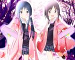  2girls black_hair blue_eyes blue_hair blush cherry_blossom cherry_blossoms dancing hair_ornament hairpin hanayamata hand_holding high_resolution highres japanese_clothes kimono kittekita_kijimuna~ large_filesize long_hair low_pigtails low_twintails multiple_girls nishimikado_tami purple_eyes school_uniform sekiya_naru smile tree twintails wafuku 