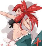  ass asuna_(pokemon) belt breasts butt_crack crop_top from_behind front-tie_top gym_leader holding holding_poke_ball large_breasts lightsource long_hair looking_back lowleg lowleg_pants midriff pants poke_ball pokemon pokemon_(game) pokemon_rse ponytail red_eyes red_hair shirt solo split_ponytail tied_shirt 