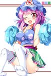  breasts cheerleader covered_nipples e.o. hat highres looking_at_viewer medium_breasts miniskirt one_eye_closed open_mouth pom_poms purple_hair red_eyes saigyouji_yuyuko short_hair skirt solo thighhighs touhou 