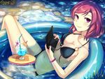  bikini black_bikini blush bracelet breasts cleavage flower glass handheld_game_console jewelry kalian looking_at_viewer love_live! love_live!_school_idol_project medium_breasts navel nintendo_3ds nishikino_maki o-ring o-ring_bikini purple_eyes red_hair short_hair smile solo swimsuit wading_pool 