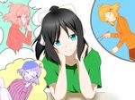  :d ^_^ aqua_eyes black_hair bowl chopsticks closed_eyes grin hair_ornament hair_ribbon hands_on_own_cheeks hands_on_own_face hiiragi_natsume kohinata_miku open_mouth ribbed_sweater ribbon senki_zesshou_symphogear shirt skirt smile sweater t-shirt tachibana_hibiki_(symphogear) turtleneck 