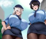  2girls animal_ear_piercing animal_ears black_hair blue_eyes blue_shirt breasts ear_piercing from_below green_panties grey_eyes grey_hair hat highres hololive hydrant_(kasozama) large_breasts lion_ears lion_girl long_hair miniskirt multiple_girls narrowed_eyes necktie oozora_subaru open_mouth panties pantyhose pencil_skirt piercing police police_hat police_uniform policewoman shirt shishiro_botan short_hair skirt underwear virtual_youtuber 
