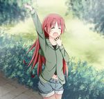  bad_id bad_pixiv_id belly_peek casual denim denim_shorts hair_down highres hood hoodie long_hair mahou_shoujo_madoka_magica midriff navel red_hair sakura_kyouko shiina_kuro shorts solo tears yawning 