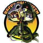 absurd_res anthro asiri_gavil bone claws clothing costume deer duo eyeshadow female fluffy fluffy_tail hair halloween halloween_costume hi_res holidays hooves isa_sturmi long_hair long_tail makeup mammal mephitid red_eyes red_hair short_stack skeleton skunk tail toony turkojar