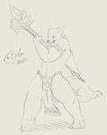  big_muscles claws clothing eyebrows kemono loincloth male monochrome muscles plain_background polearm sketch solo spear standing stevenlew topless weapon white_background 