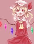  :d ascot blonde_hair clenched_hand fangs flandre_scarlet hat looking_at_viewer mob_cap nail_polish open_mouth otama_(jcts) pink_background red_background red_eyes red_nails shirt short_sleeves side_ponytail simple_background skirt skirt_set smile solo touhou vest white_shirt wings 