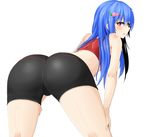  alternate_costume ass bare_shoulders bent_over blue_hair cameltoe crop_top food from_behind fruit hands_on_own_knees hat hinanawi_tenshi leaning_forward long_hair looking_at_viewer looking_back midriff momoiro_lettuce pants peach red_eyes red_shirt shirt solo thighs tight tight_pants touhou 